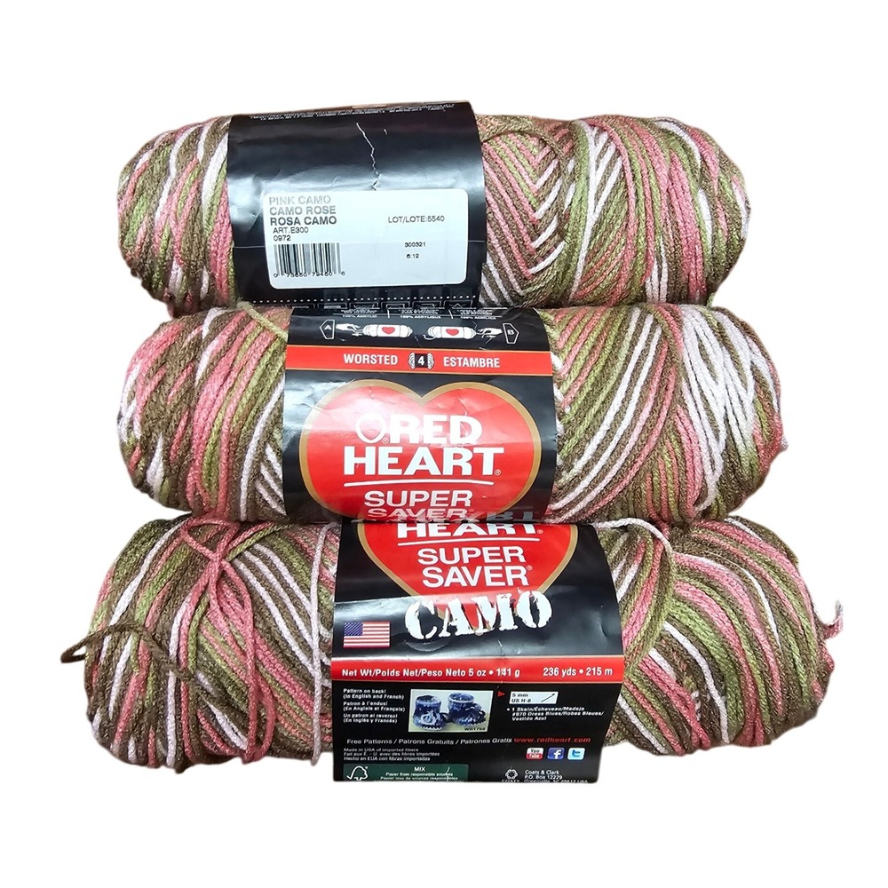 Red Heart Super Saver Pink Camo Acrylic‎ Yarn Worsted Weight 4